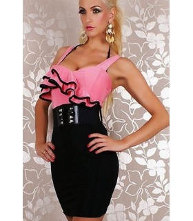 Pink-black ruffled top with belt