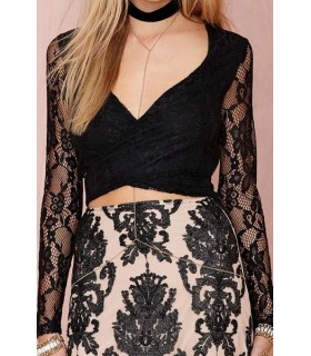 Black long-sleeved short lace shirt with slits
