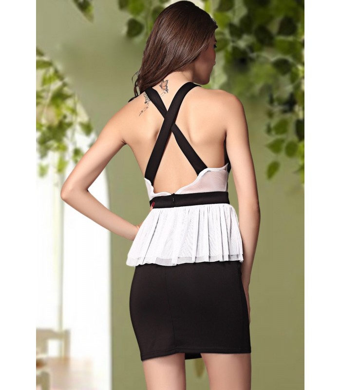 Vit och svart spets-orned peplum party klänning – kuva 3