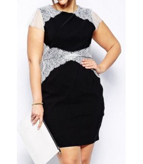 Black and white lace-ornamented party dress (plus size)