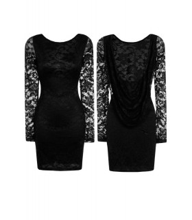 Black long-sleeved open-back lace dress