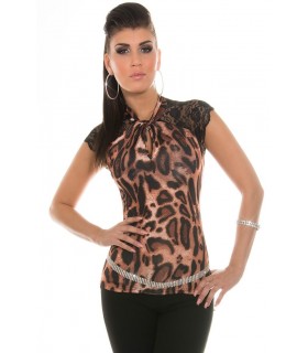 Koucla leopard print lace-ornamented short-sleeved shirt