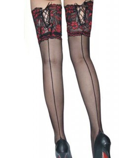Black-red lace-ornamented socks at the seams