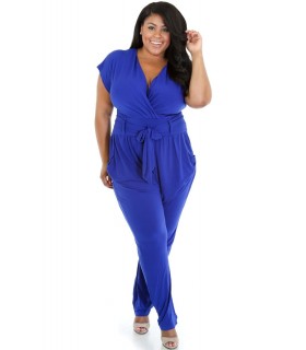 Blue short-sleeved jumpsuit with belt (plus size)
