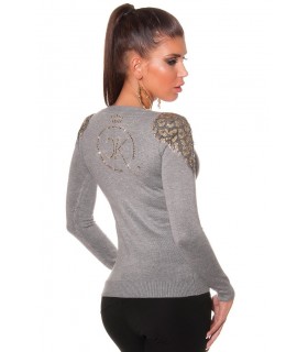 Koucla grey sequin-decorated v-knit
