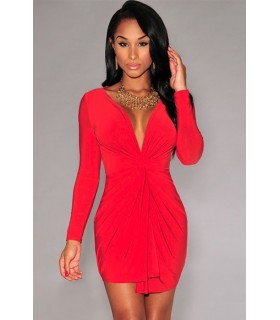 Knot Red Long Sleeve v-Mini Dress