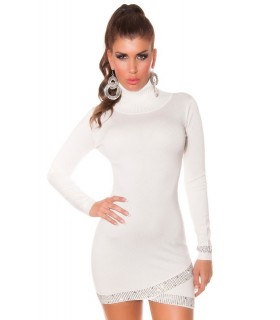 Koucla white high-collar knit dress with rhinechews