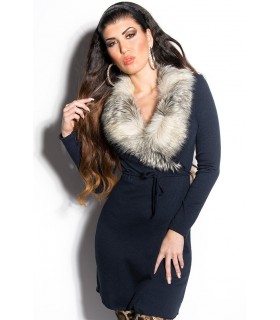 Koucla blue long cardigan with fur collar