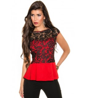 Koucla red and black lace-orned peplum shirt