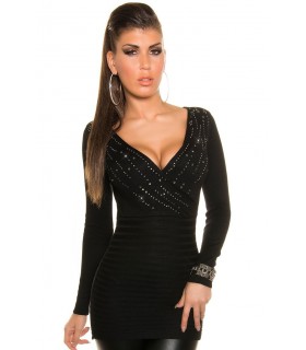 Koucla black long rhine-decorated v-knit