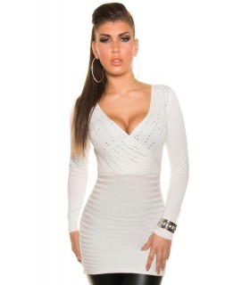 Koucla white long rhine-decorated v-knit