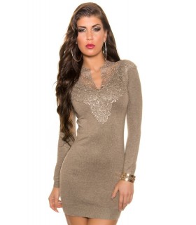 Koucla taupe decorative embroidered knit dress with v-collar