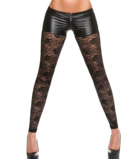 Black zip-ornamented wetlook lace leggings