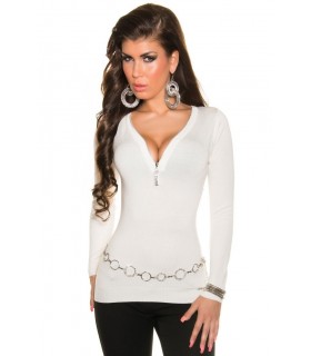 Koucla cream v-knit with zipper and rhinechews