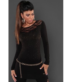 Koucla black knit dress with lace and rhinechews