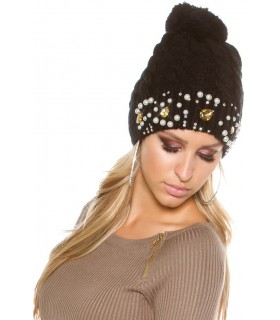 Koucla black tassel beanie with rhine and beads