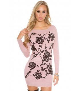 Koucla pink long sleeve decorative embroidered knit dress