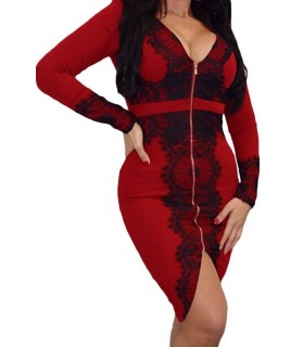 Red and black lace tinted zip dress