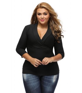 Black 3/4 sleeve v-ribbineule (plus size)