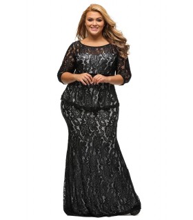 Mustavalkoinen pitkä peplum-pitsimekko (plus size)
