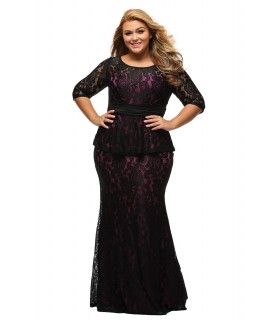Mustapinkki pitkä peplum-pitsimekko (plus size)