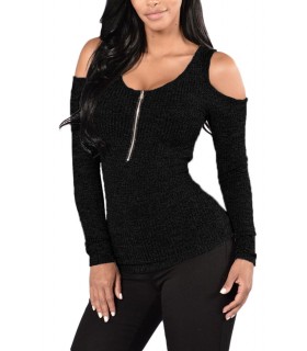 Black ribbed knit with shoulder shreds and zipper