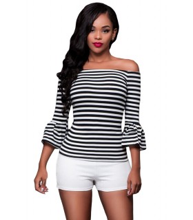 Black and white bell sleeve off-shoulder stripe shirt