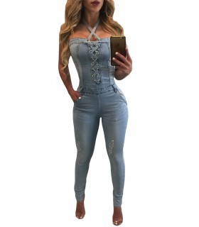 Vaaleansininen nyörikoristeinen farkkujumpsuit