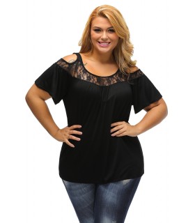 Black lace-ornamented shirt with shoulder shreds (plus size)