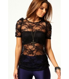 Black lace shirt + bandeau top