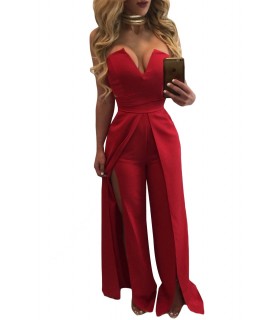 Punainen olkaimeton v-jumpsuit halkioilla