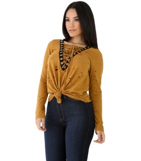 Yellow nodded knot shirt with cuts
