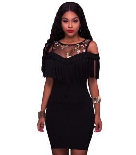 Black mesh floral embroidered dress with fringe