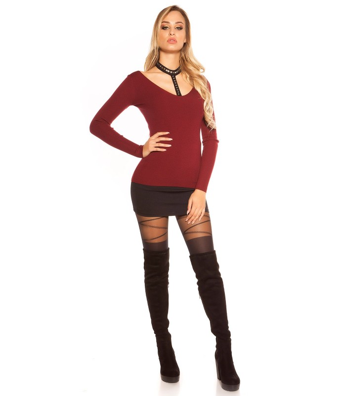 Koucla vinröd nit-utsmyckade choker stickat kläder – kuva 3