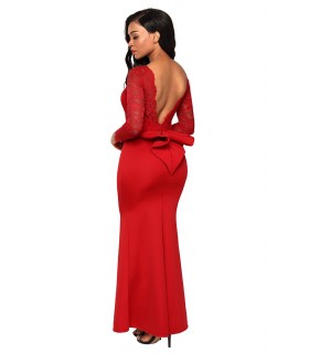 Red long-sleeved lace-ornamented long party dress with rye [LAST CHANCE]