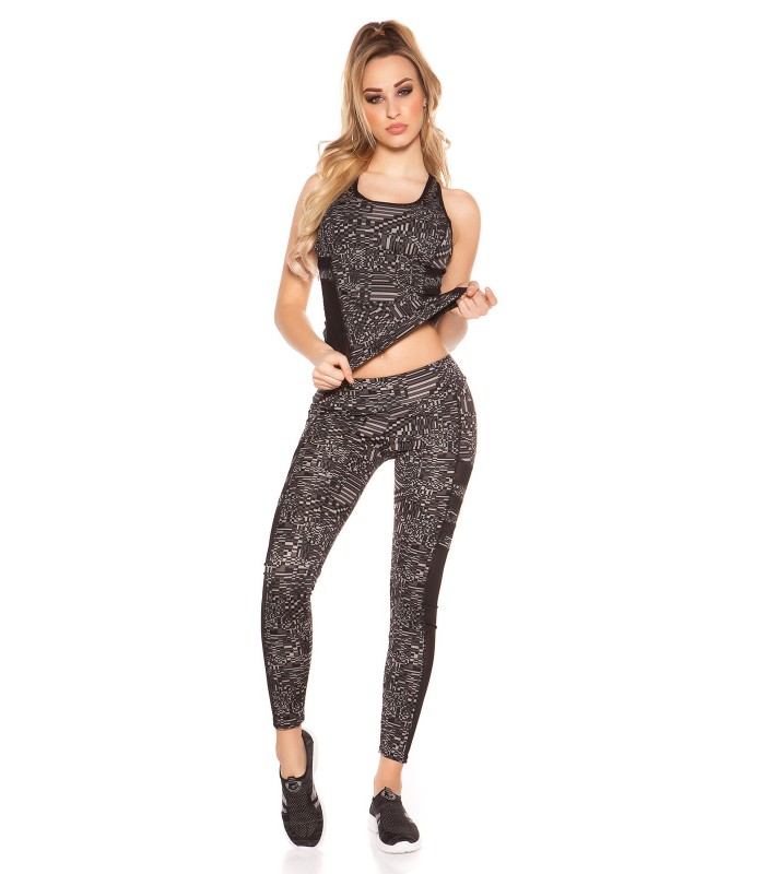 Svart tryck mönster mesh workout tights + top – kuva 2