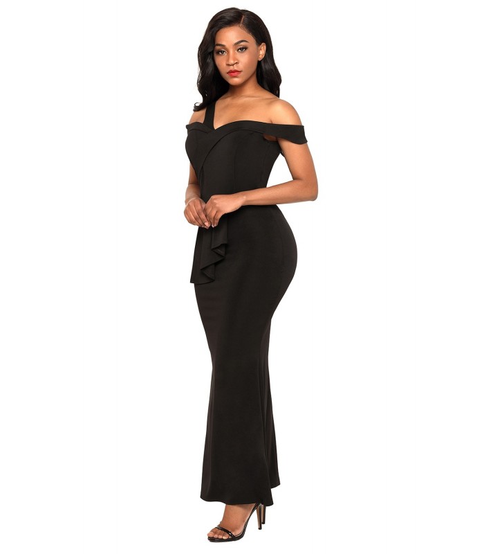 Svart enkel axel off-shoulder maxikko – kuva 3