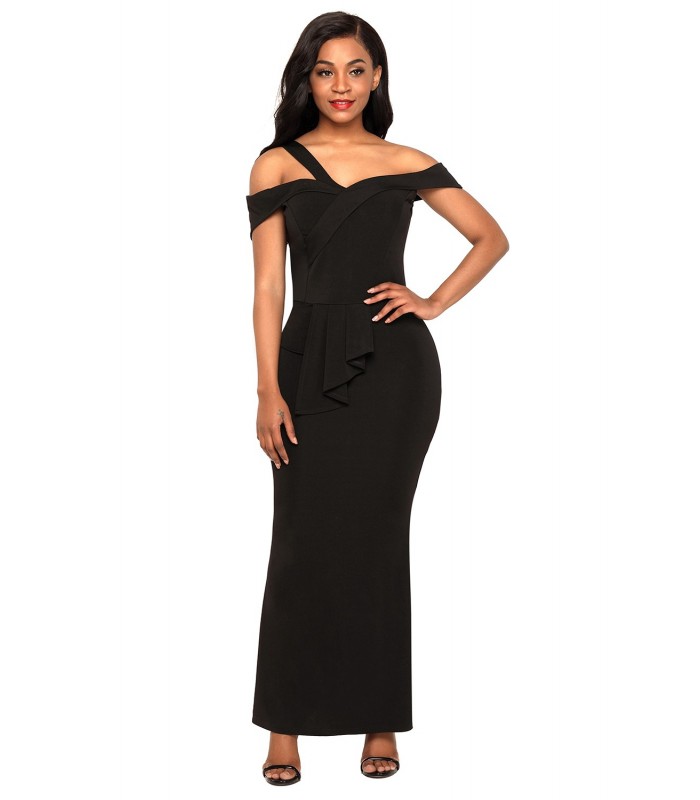 Svart enkel axel off-shoulder maxikko – kuva 4
