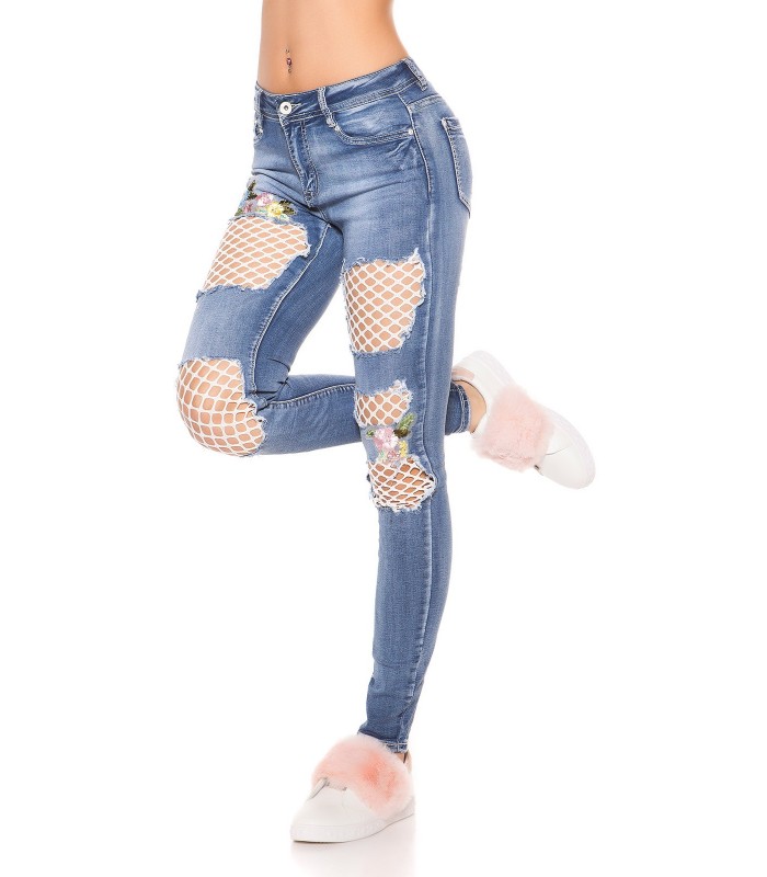 Blå mesh-inbäddade blommiga jeans – kuva 2