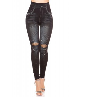 Black high-waisted netting and rhine-lying denim leggings
