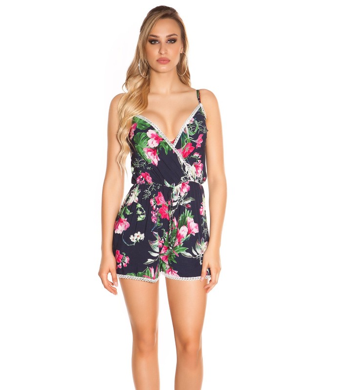 Mörkblå blommönster v-playsuit – kuva 3