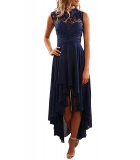 Dark blue lace-orned high low party dress
