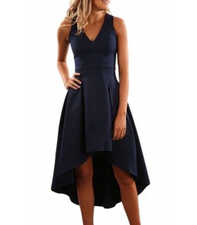 Dark blue high low v party dress