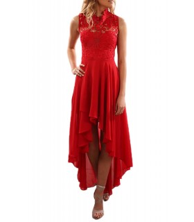 Red lace-orned high low party dress