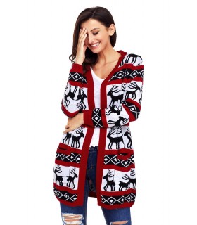 Red reindeer-decorated cardigan