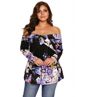 Blackviolet floral pattern long-sleeved off-shoulder shirt [LAST CHANCE]
