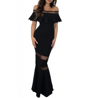 Black off-shoulder long mesh party dress [LAST CHANCE]