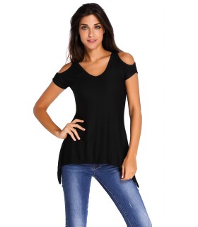 Black short-sleeved shirt with shoulder shreds (plus size)