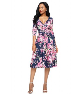 Dark blue rose pattern v-wrap dress