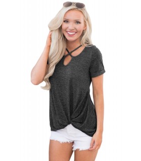 Dark grey short-sleeved lattice decorated shirt